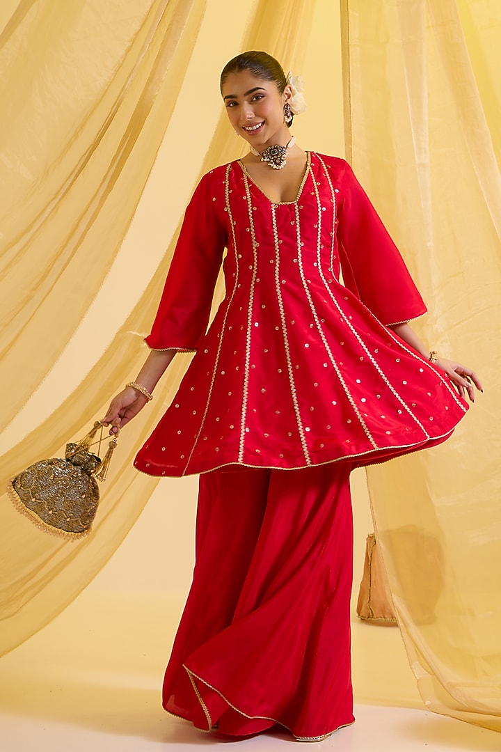 Red Silk & Net Party Wear Sharara Set by SONAL PASRIJA at Pernia's Pop Up Shop