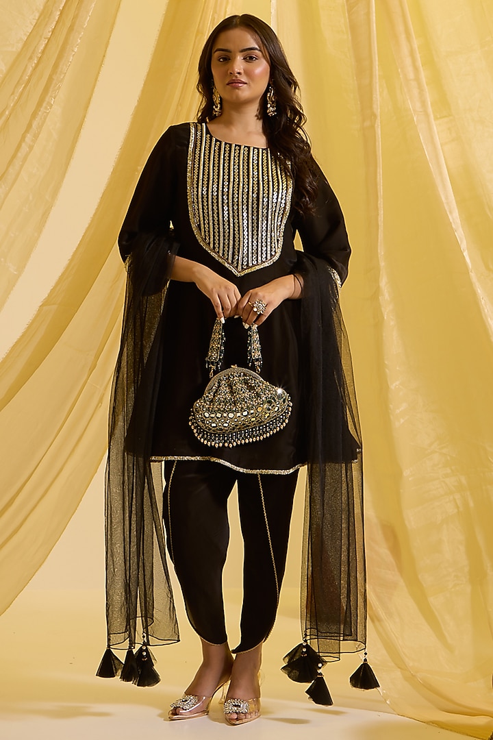 Black Silk Hand Embroidered Kalidar Kurta Set by SONAL PASRIJA at Pernia's Pop Up Shop