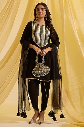 Black Silk Hand Embroidered Kalidar Kurta Set by SONAL PASRIJA