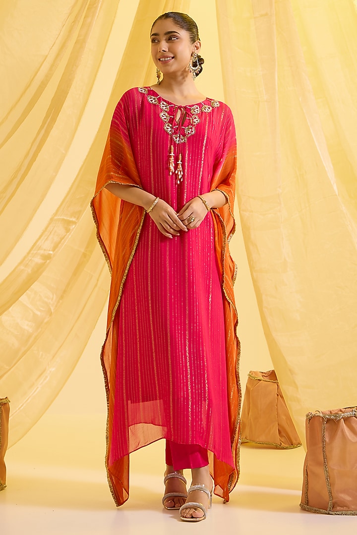 Pink & Orange Ombre Lurex Kaftan Set by SONAL PASRIJA at Pernia's Pop Up Shop