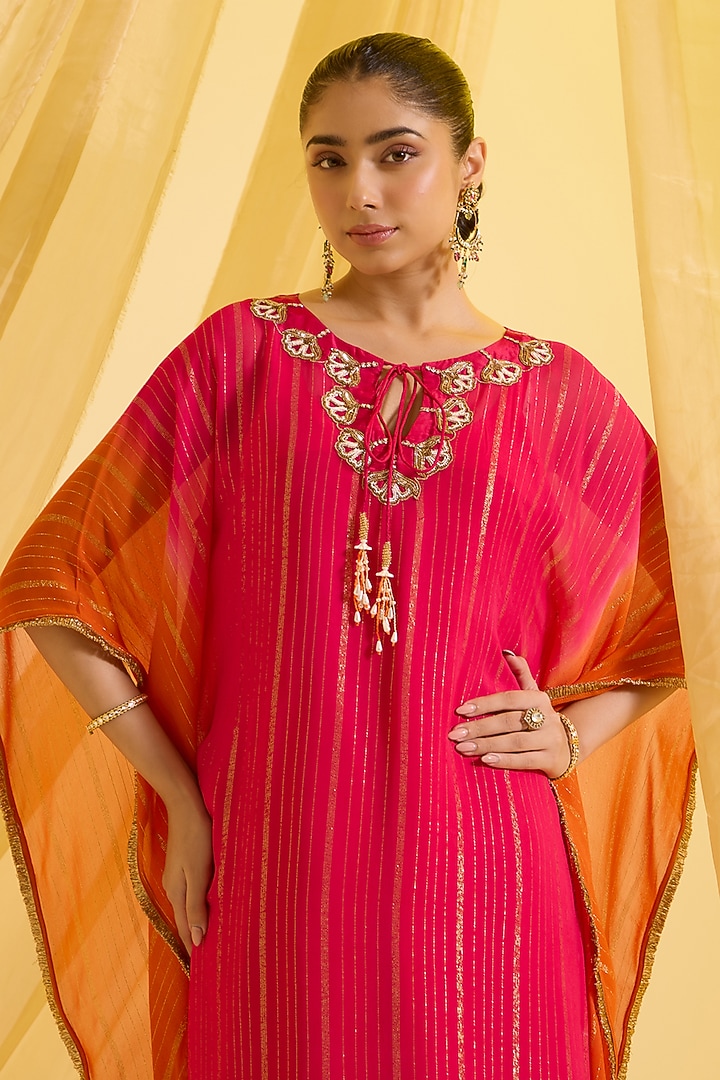 Pink & Orange Ombre Lurex Kaftan Set by SONAL PASRIJA at Pernia's Pop Up Shop