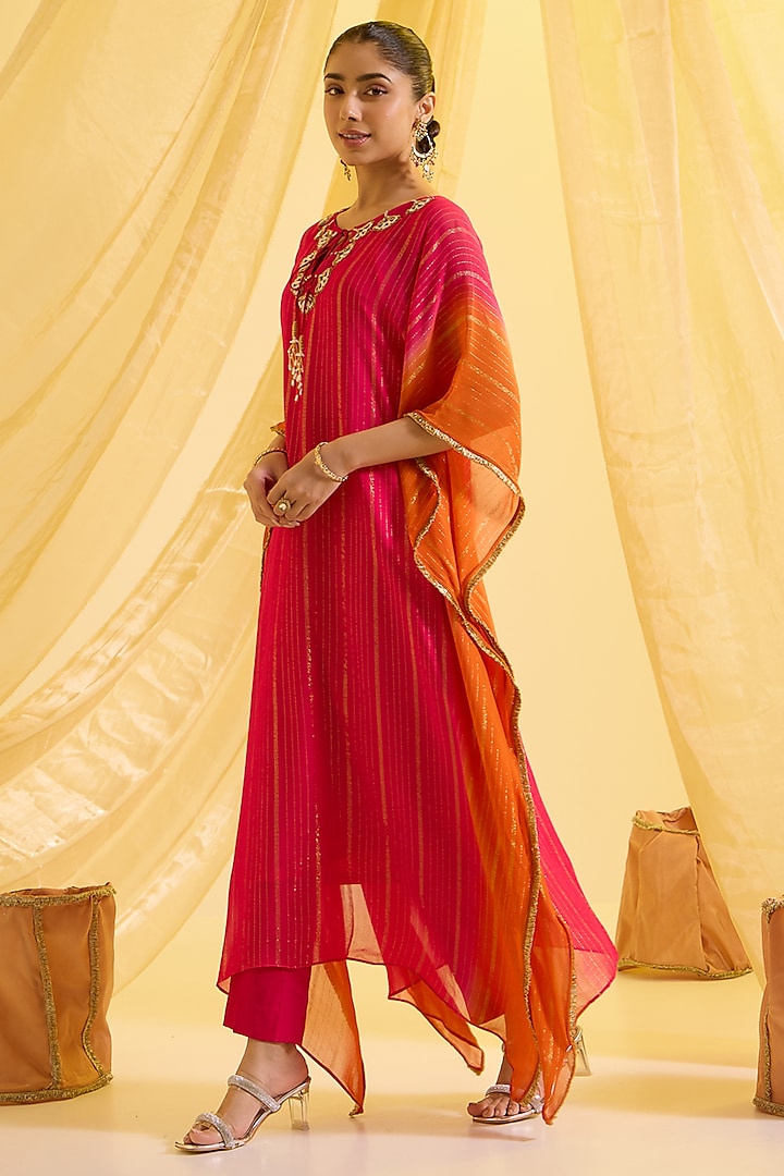 Pink & Orange Ombre Lurex Kaftan Set by SONAL PASRIJA at Pernia's Pop Up Shop