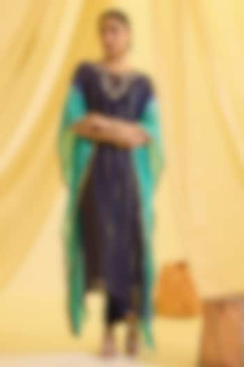 Navy Blue & Aqua Blue Ombre Lurex Kaftan Set by SONAL PASRIJA at Pernia's Pop Up Shop