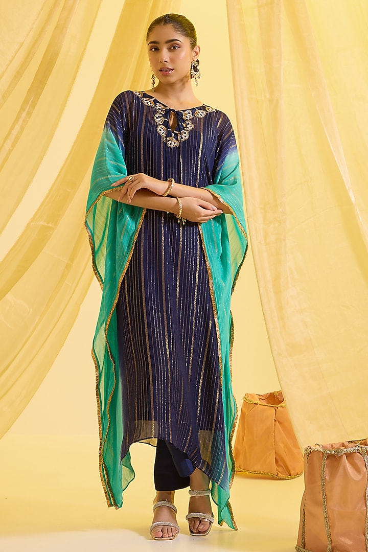 Navy Blue & Aqua Blue Ombre Lurex Kaftan Set by SONAL PASRIJA at Pernia's Pop Up Shop