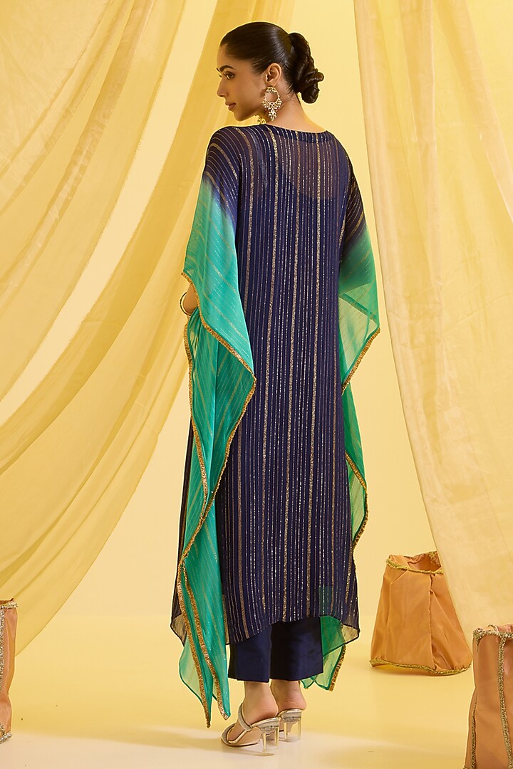 Navy Blue & Aqua Blue Ombre Lurex Kaftan Set by SONAL PASRIJA at Pernia's Pop Up Shop