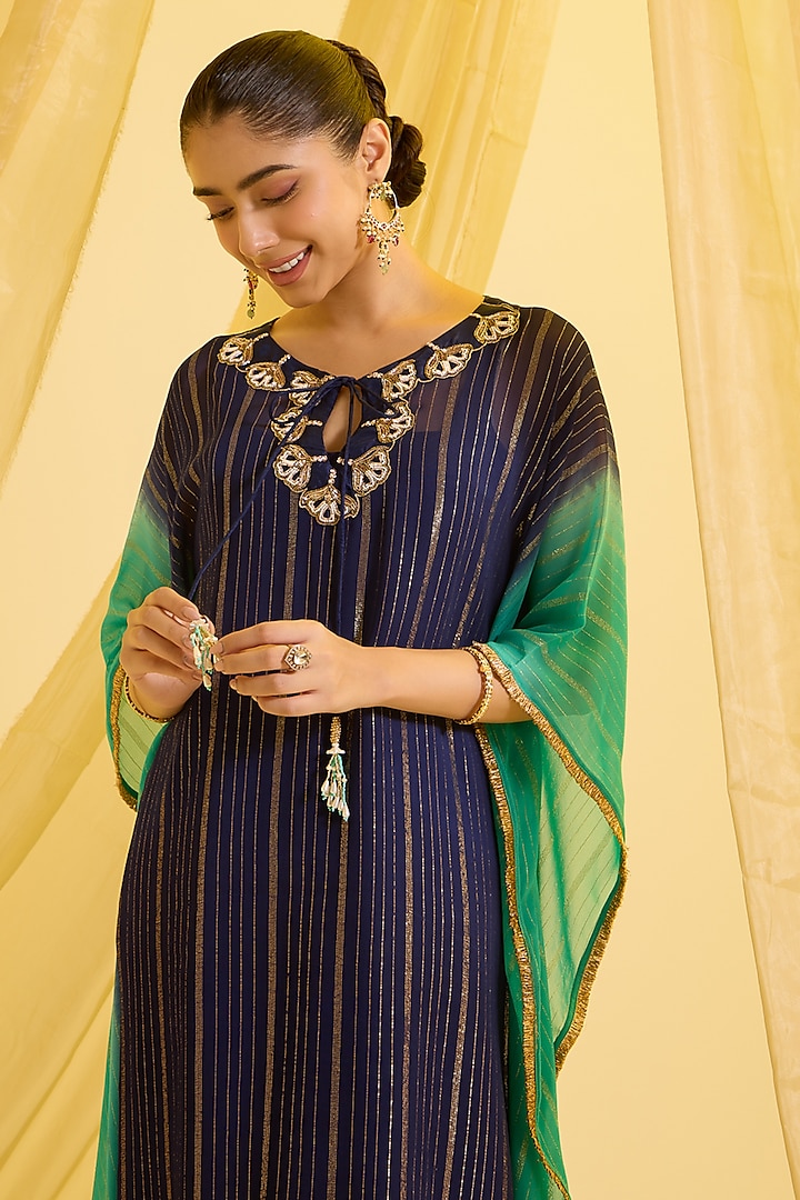 Navy Blue & Aqua Blue Ombre Lurex Kaftan Set by SONAL PASRIJA at Pernia's Pop Up Shop