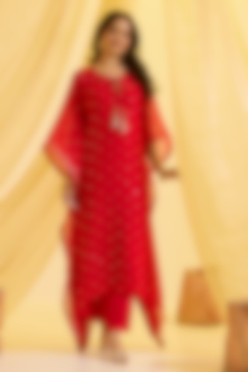 Red Silk & Georgette Hand Embroidered Kaftan Set by SONAL PASRIJA at Pernia's Pop Up Shop