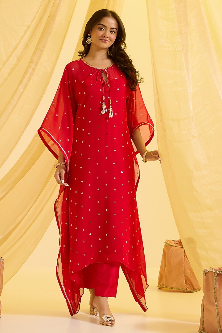 Red Silk & Georgette Hand Embroidered Kaftan Set by SONAL PASRIJA at Pernia's Pop Up Shop