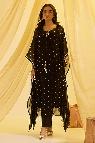 Black Silk & Georgette Hand Embroidered Kaftan Set by SONAL PASRIJA