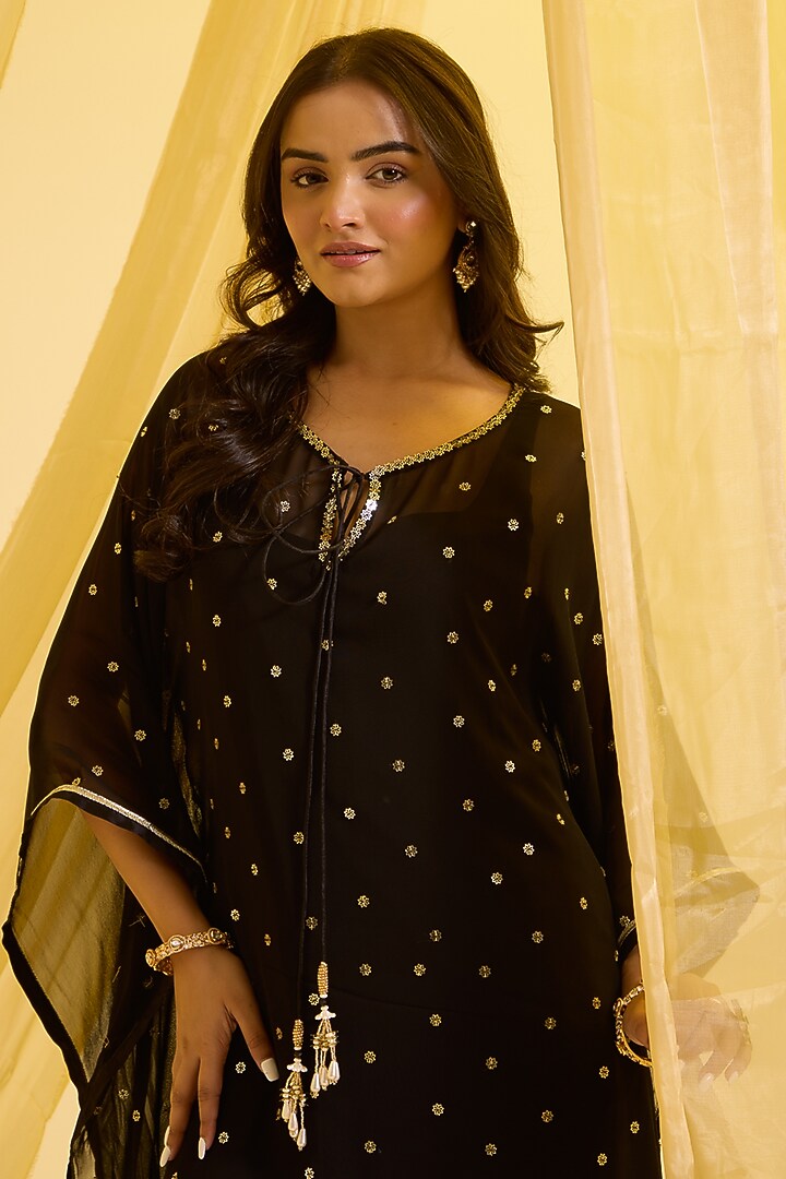 Black Silk & Georgette Hand Embroidered Kaftan Set by SONAL PASRIJA at Pernia's Pop Up Shop