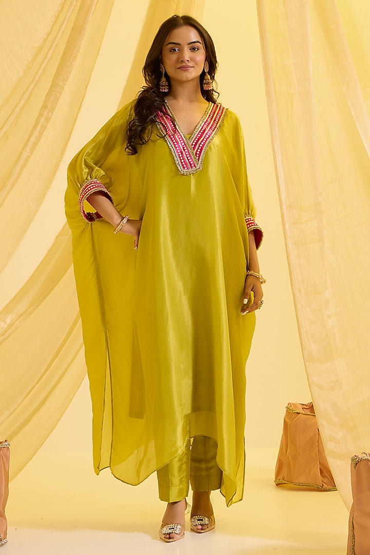 Lime Green Silk Tissue & Silk Kaftan Set by SONAL PASRIJA at Pernia's Pop Up Shop