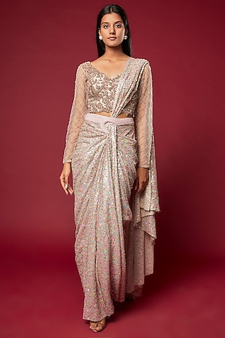 Champagne Net Embroidered Draped Saree Set by Sonaakshi Raaj