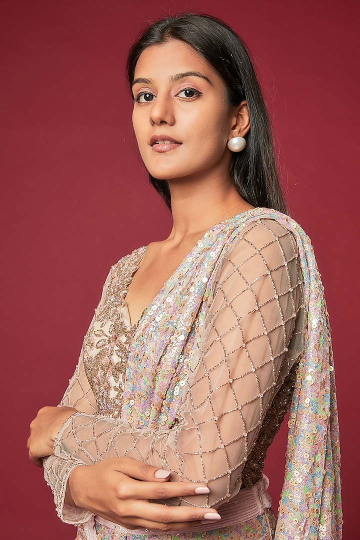 Champagne Net Embroidered Draped Reception Saree Set by Sonaakshi Raaj at Pernia's Pop Up Shop
