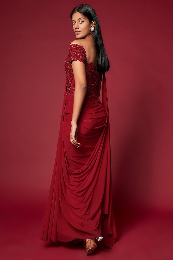 Red Cotton Satin Embroidered Off-Shoulder Reception Gown Saree by Sonaakshi Raaj at Pernia's Pop Up Shop