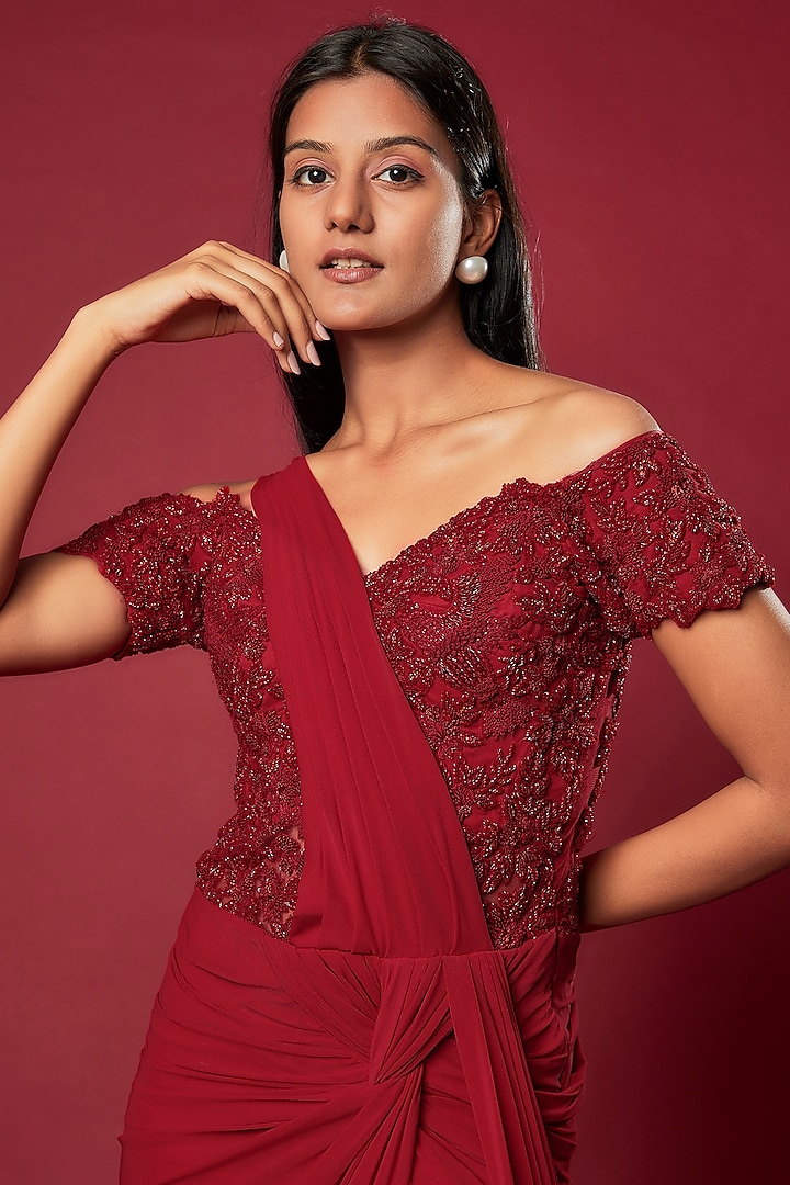 Red Cotton Satin Embroidered Off-Shoulder Reception Gown Saree by Sonaakshi Raaj at Pernia's Pop Up Shop