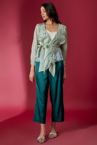 Ice Blue Organza Embroidered Wrap-Around Shirt by Sonaakshi Raaj