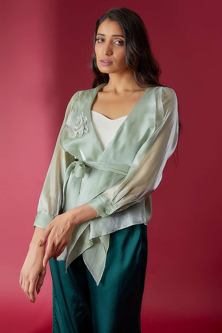 Ice Blue Organza Embroidered Wrap-Around Shirt by Sonaakshi Raaj at Pernia's Pop Up Shop
