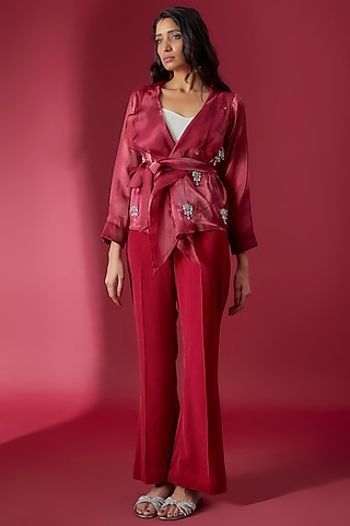 Maroon Organza Embroidered Wrap Around Shirt by Sonaakshi Raaj