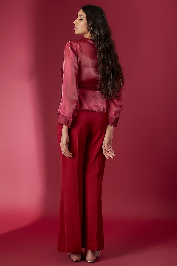 Maroon Organza Embroidered Wrap Around Shirt by Sonaakshi Raaj at Pernia's Pop Up Shop