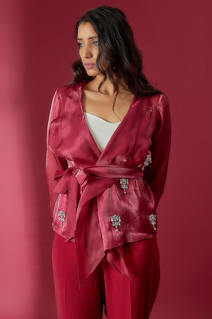 Maroon Organza Embroidered Wrap Around Shirt by Sonaakshi Raaj at Pernia's Pop Up Shop