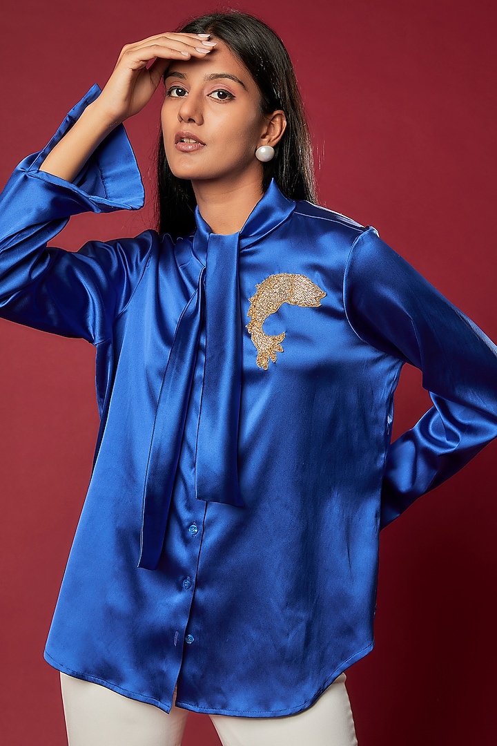 Royal Blue Satin Embroidered Shirt by Sonaakshi Raaj