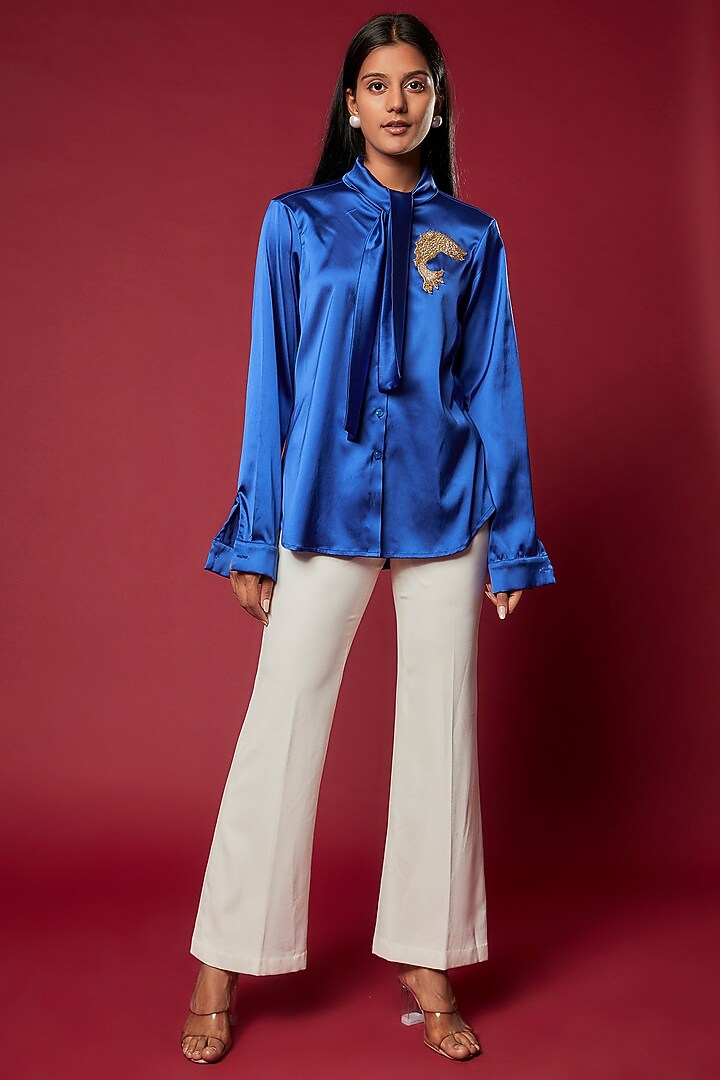Royal Blue Satin Embroidered Shirt by Sonaakshi Raaj at Pernia's Pop Up Shop
