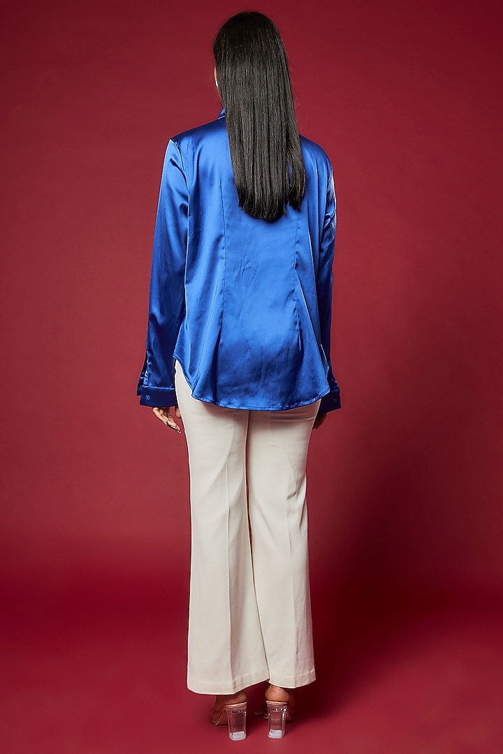 Royal Blue Satin Embroidered Shirt by Sonaakshi Raaj at Pernia's Pop Up Shop