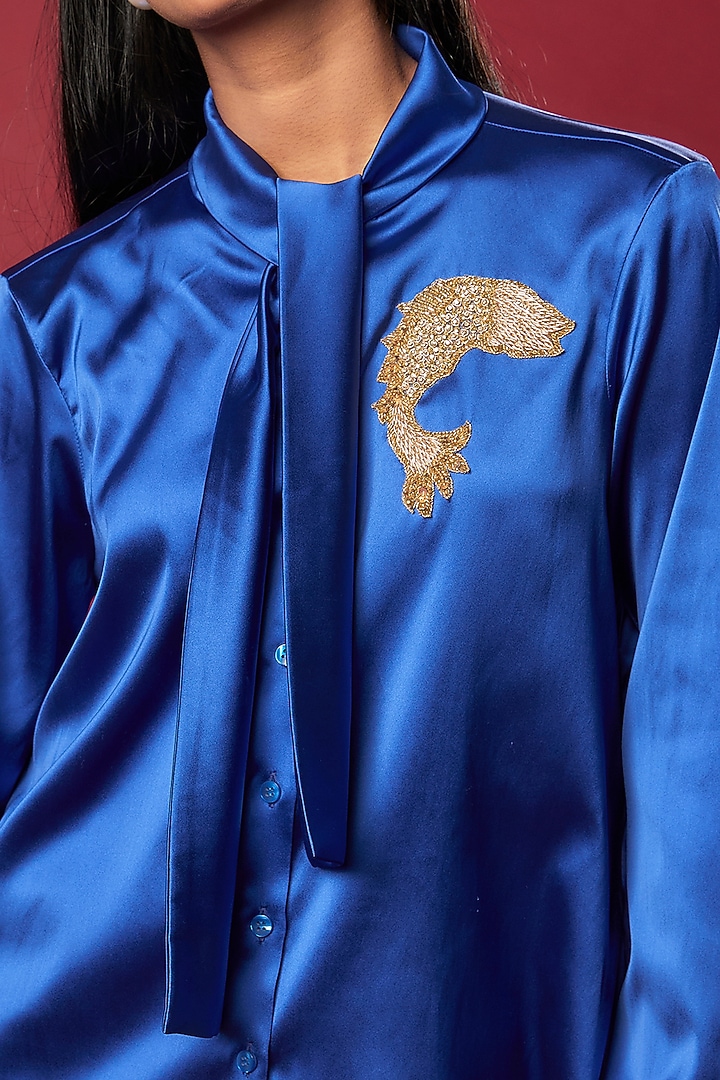 Royal Blue Satin Embroidered Shirt by Sonaakshi Raaj at Pernia's Pop Up Shop