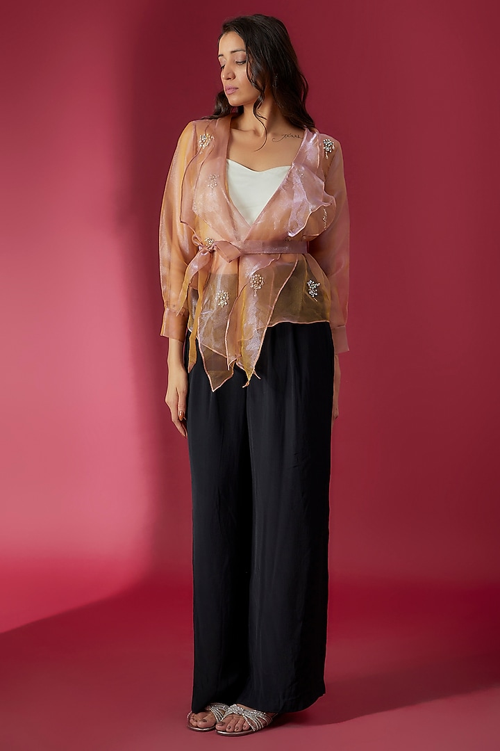 Holographic Two-Toned Organza Embroidered Wrap Around Shirt by Sonaakshi Raaj