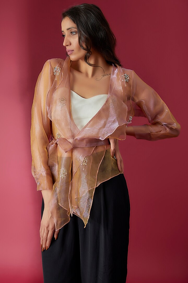 Holographic Two-Toned Organza Embroidered Wrap Around Shirt by Sonaakshi Raaj at Pernia's Pop Up Shop