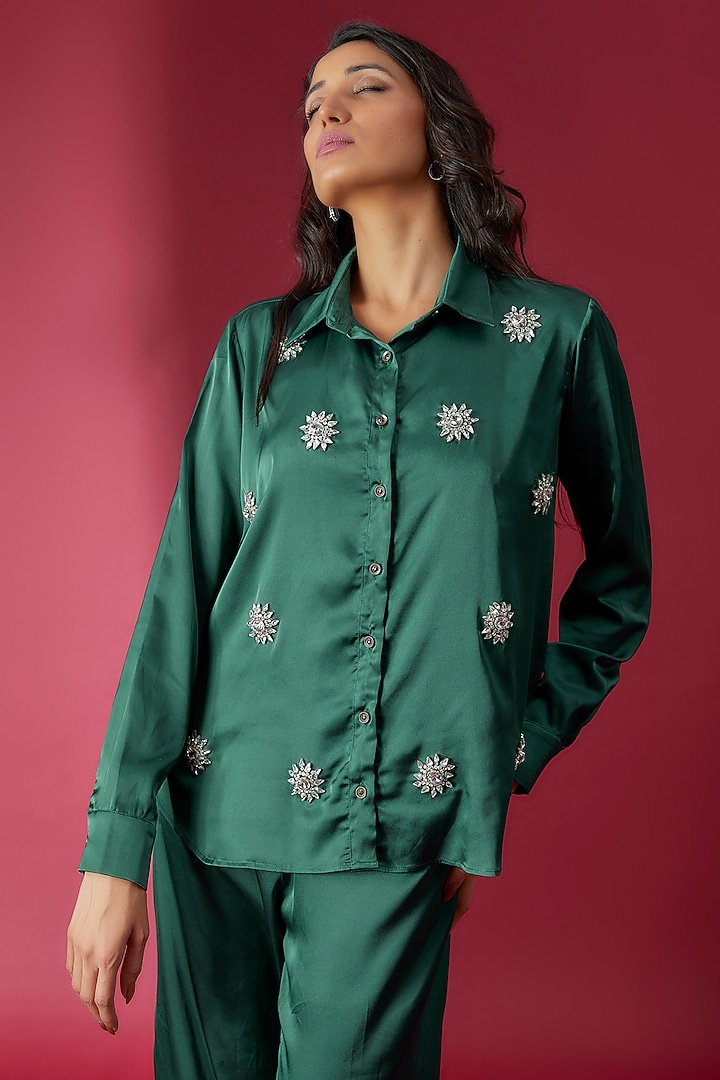 Bottle Green Satin Embroidered Co-Ord Set by Sonaakshi Raaj at Pernia's Pop Up Shop