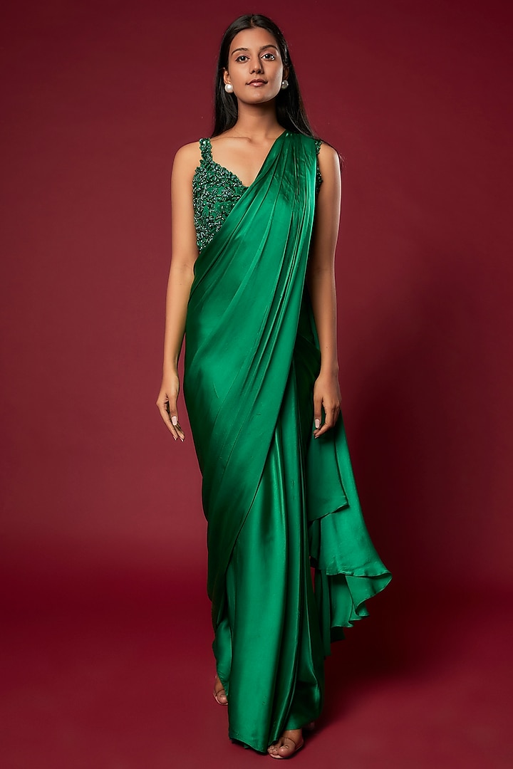Emerald Green Satin Draped Saree Set by Sonaakshi Raaj