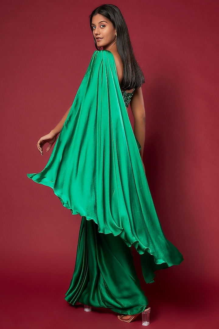 Emerald Green Satin Draped Wedding Saree Set by Sonaakshi Raaj at Pernia's Pop Up Shop