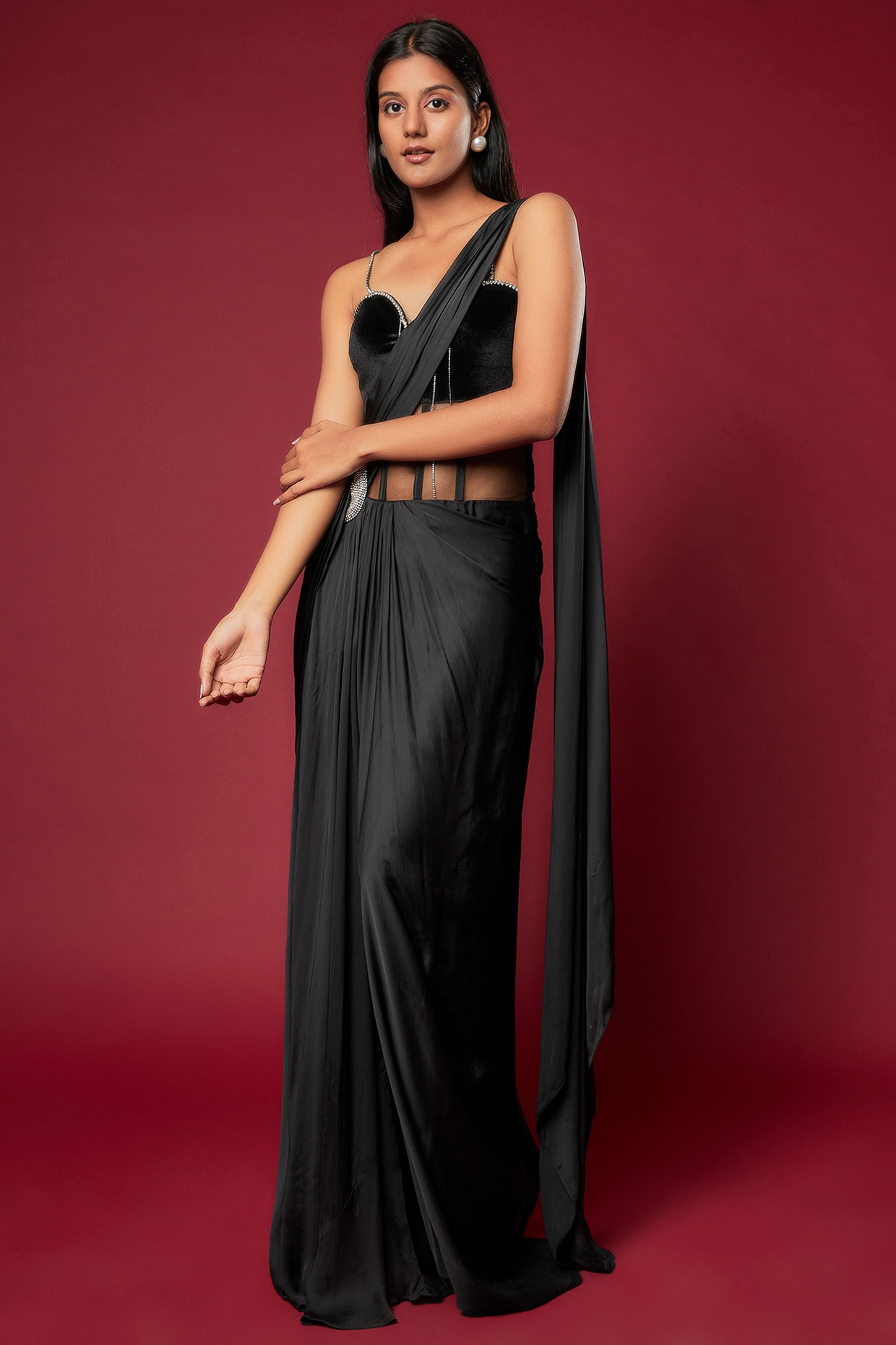 WINE VELVET Saree drape fusion dress – Sewandyou