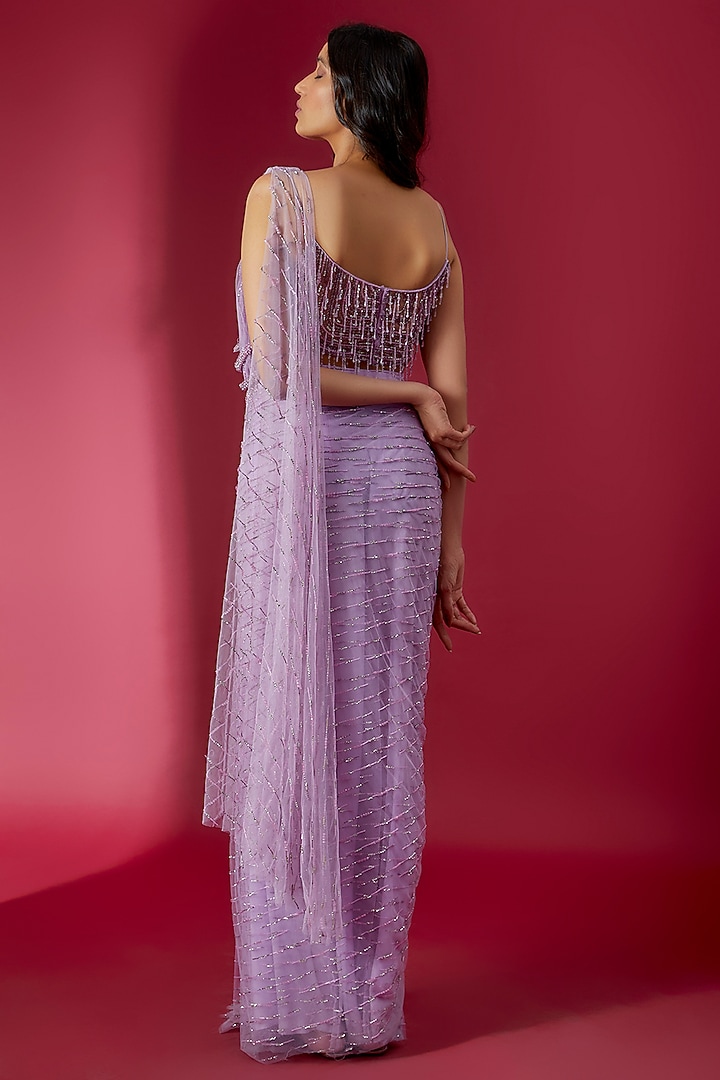 Lavender Swiss Net Skirt Reception Saree Set by Sonaakshi Raaj at Pernia's Pop Up Shop