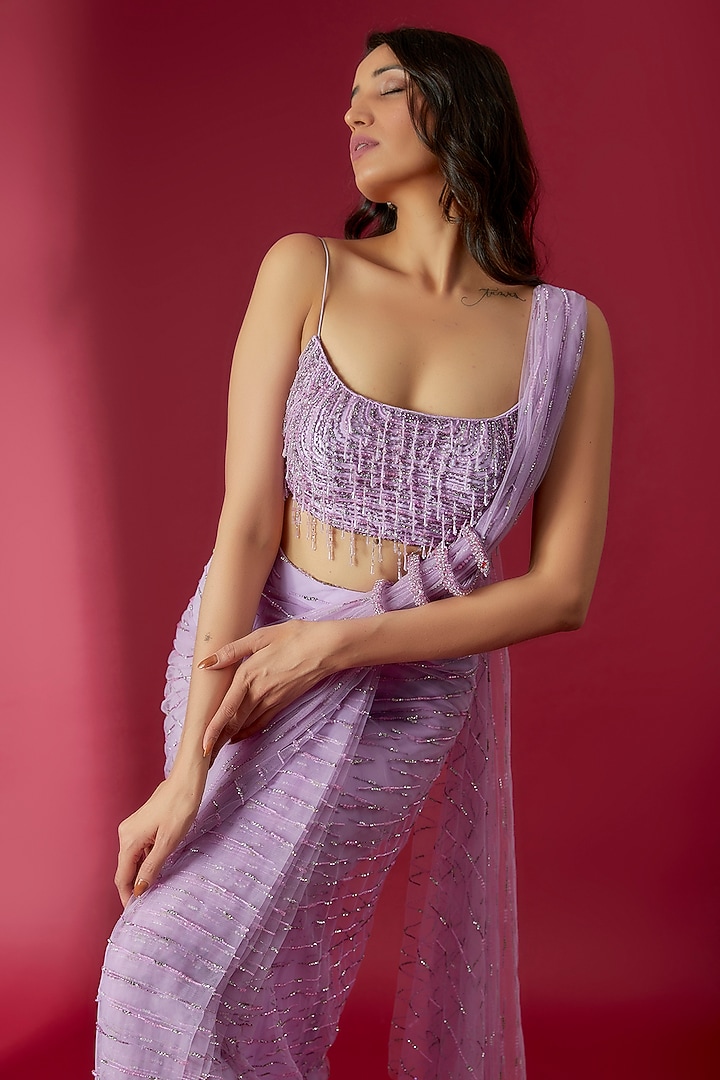 Lavender Swiss Net Skirt Reception Saree Set by Sonaakshi Raaj at Pernia's Pop Up Shop