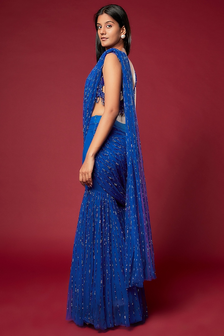 Electric Blue Swiss Net & Cotton Satin Tassel Embroidered Pant Reception Saree Set by Sonaakshi Raaj at Pernia's Pop Up Shop