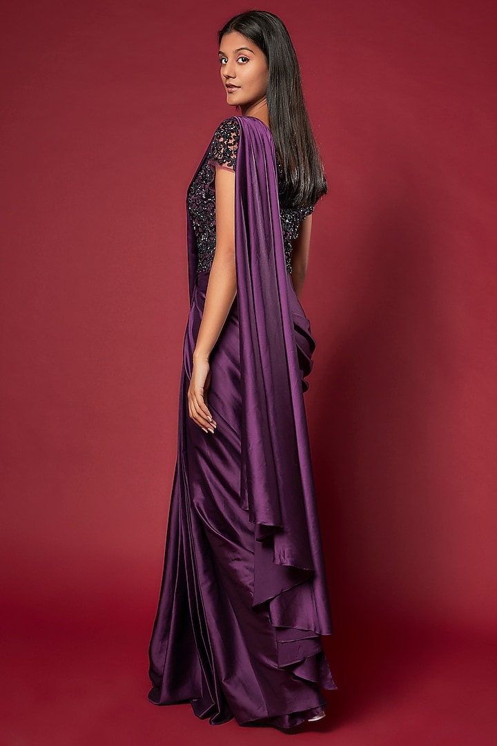 Plum Satin Draped Reception Saree Set by Sonaakshi Raaj at Pernia's Pop Up Shop