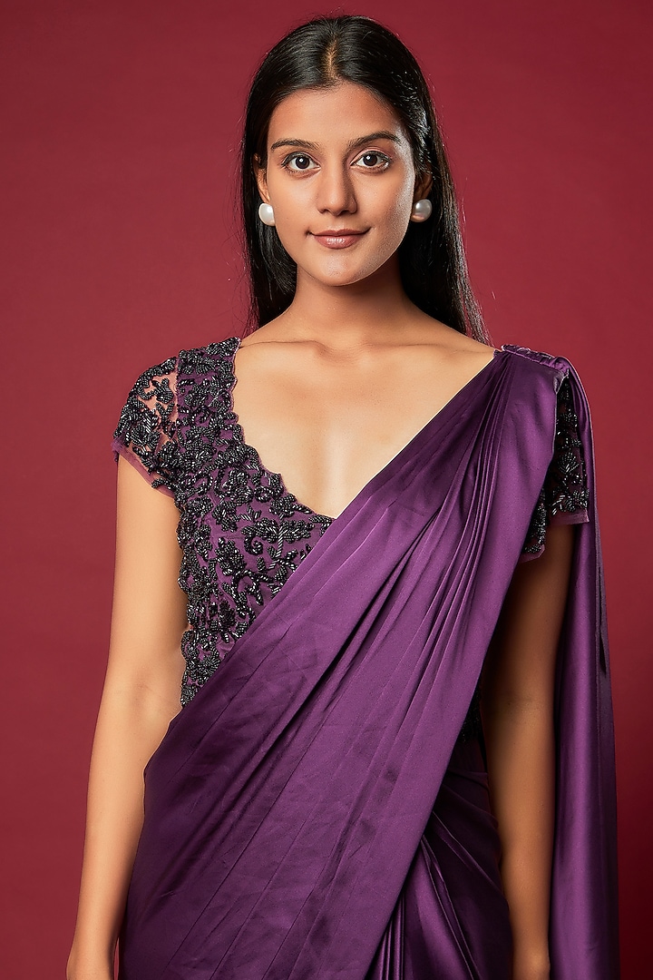 Plum Satin Draped Reception Saree Set by Sonaakshi Raaj at Pernia's Pop Up Shop