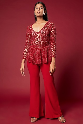 Red Micro Lycra Pant Set by Sonaakshi Raaj