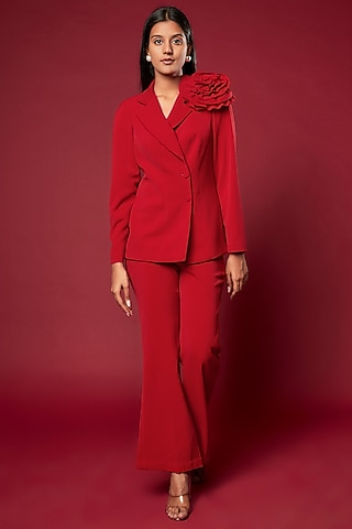 Red Micro Lycra Embroidered Blazer Set by Sonaakshi Raaj