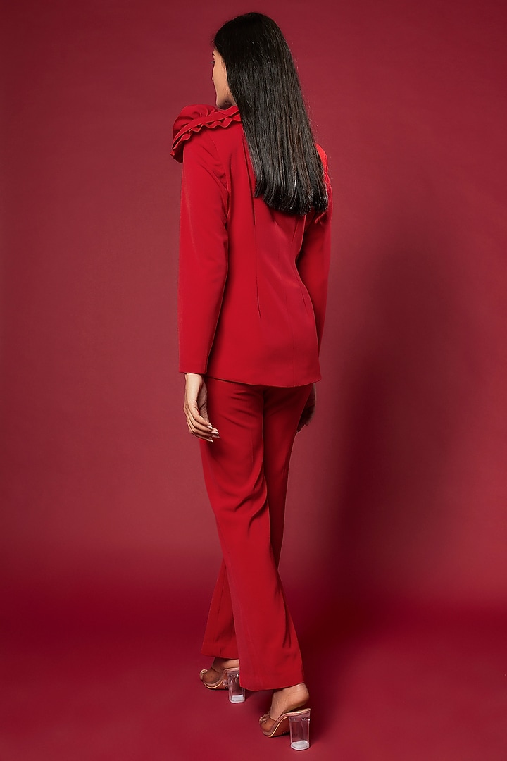 Red Micro Lycra Embroidered Blazer Set by Sonaakshi Raaj at Pernia's Pop Up Shop