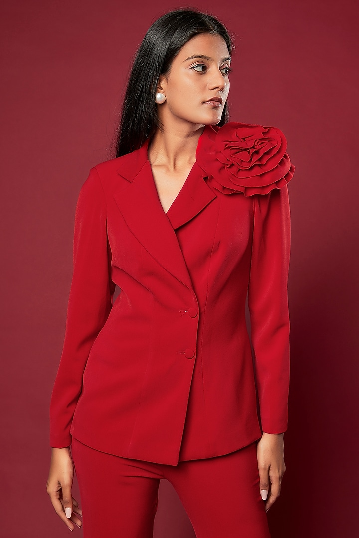 Red Micro Lycra Embroidered Blazer Set by Sonaakshi Raaj at Pernia's Pop Up Shop