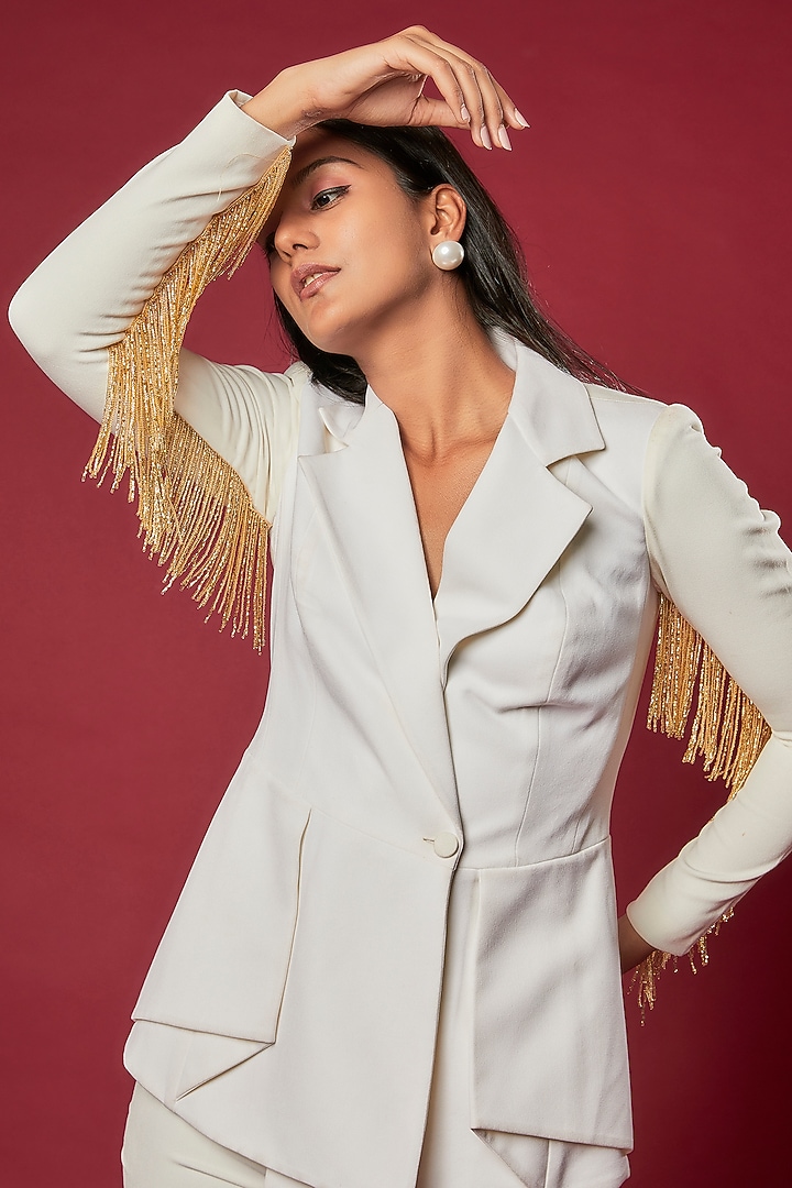 Ivory Micro Lycra Embroidered Blazer Set by Sonaakshi Raaj at Pernia's Pop Up Shop