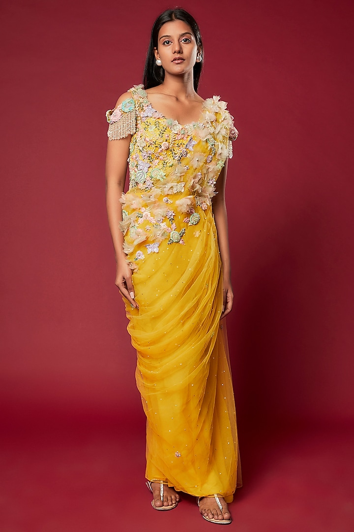 Yellow Swiss Net & Cotton Satin Embroidered Gown Saree by Sonaakshi Raaj