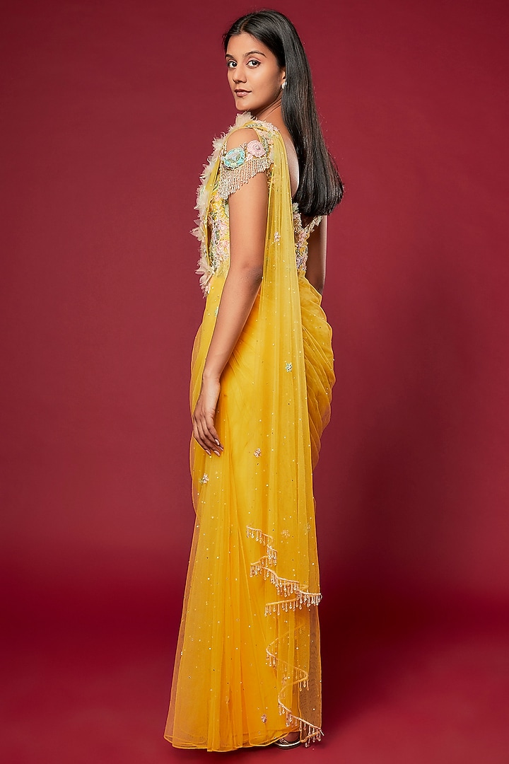 Yellow Swiss Net & Cotton Satin Embroidered Reception Gown Saree by Sonaakshi Raaj at Pernia's Pop Up Shop