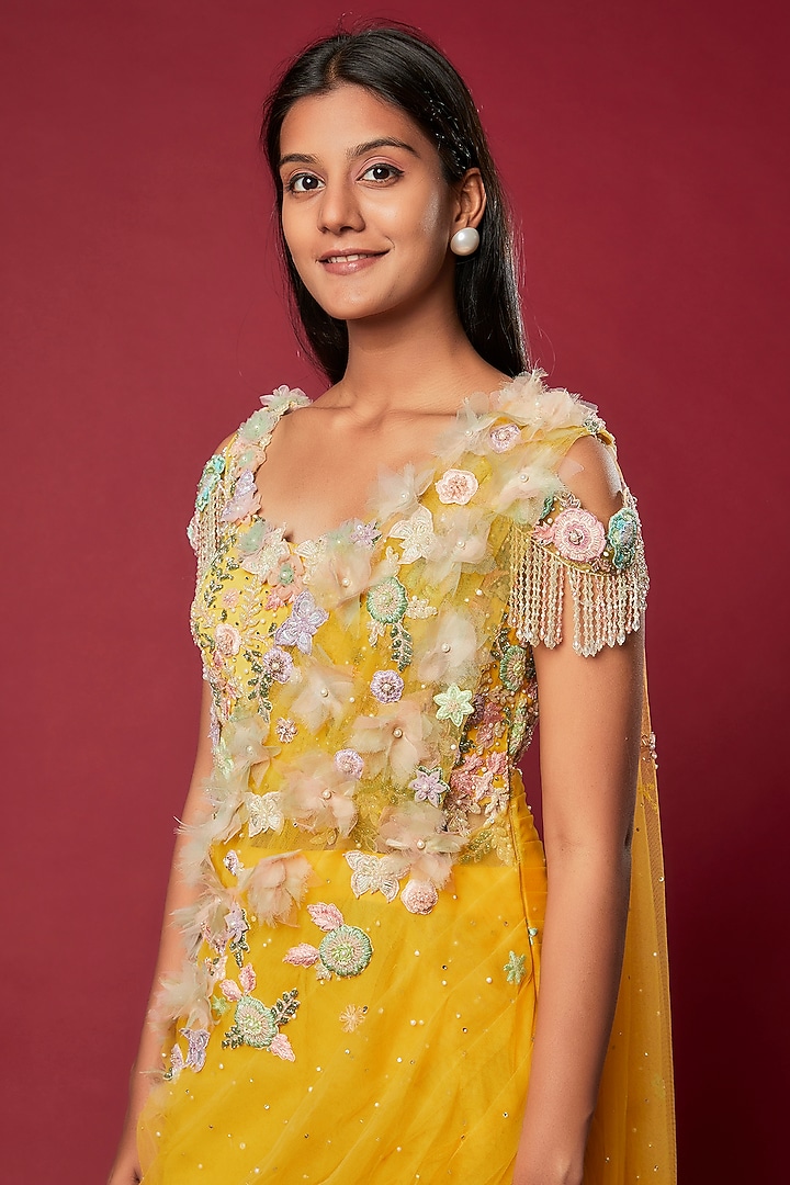 Yellow Swiss Net & Cotton Satin Embroidered Reception Gown Saree by Sonaakshi Raaj at Pernia's Pop Up Shop