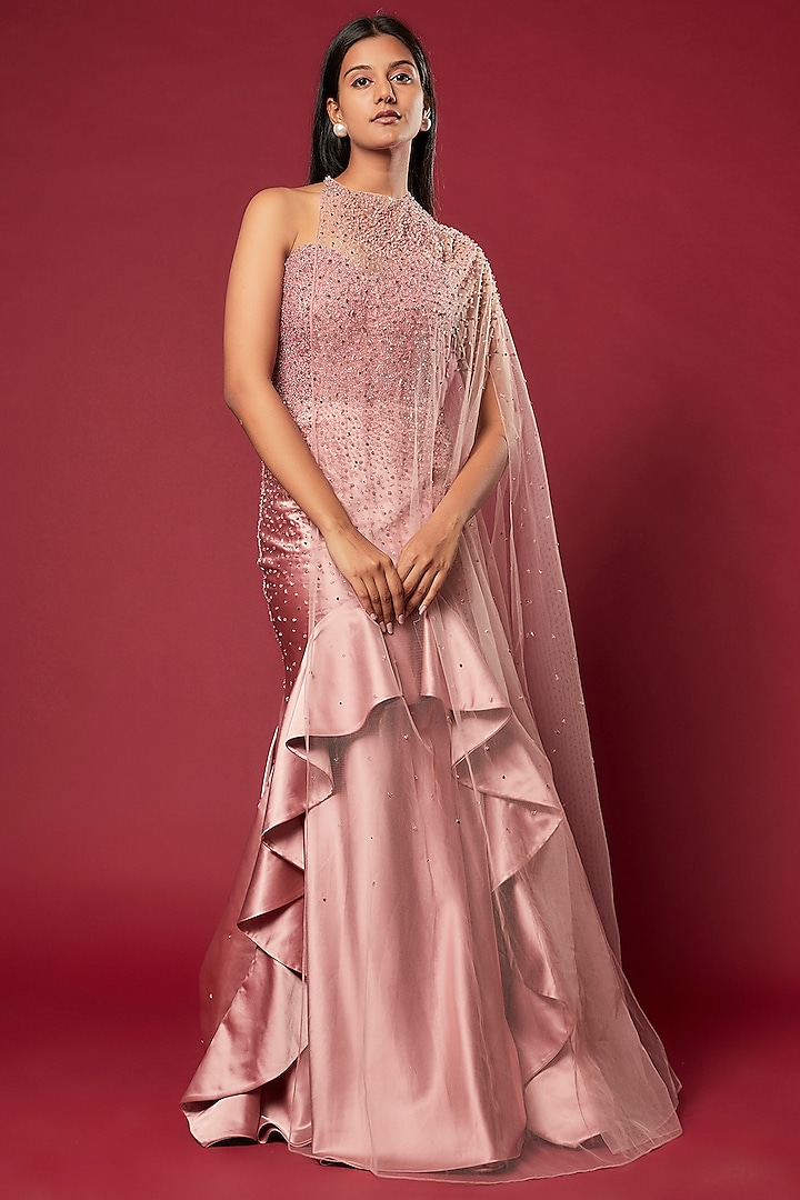 Rose Pink Bridal Satin Embroidered Gown With Cape by Sonaakshi Raaj