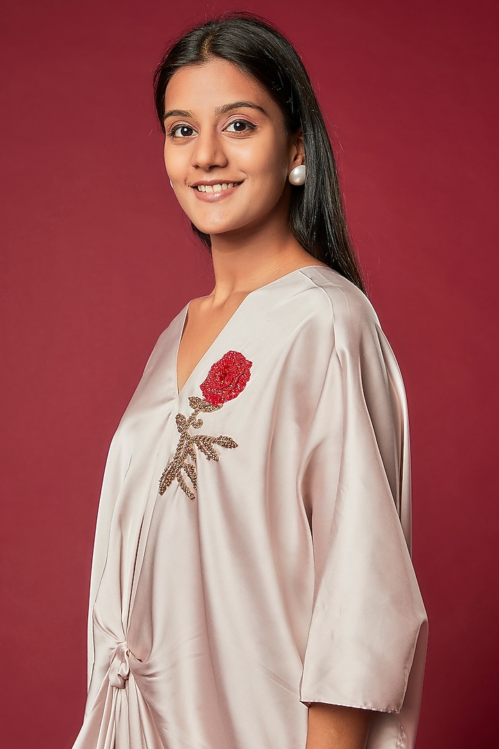 Champagne Satin Embroidered Knotted Kaftan by Sonaakshi Raaj at Pernia's Pop Up Shop
