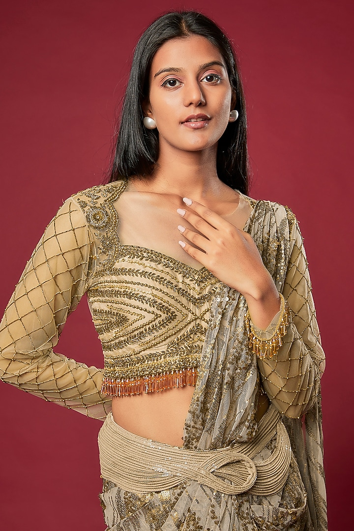 Antique Gold Net & Swiss Net Embroidered Draped Reception Saree Set by Sonaakshi Raaj at Pernia's Pop Up Shop